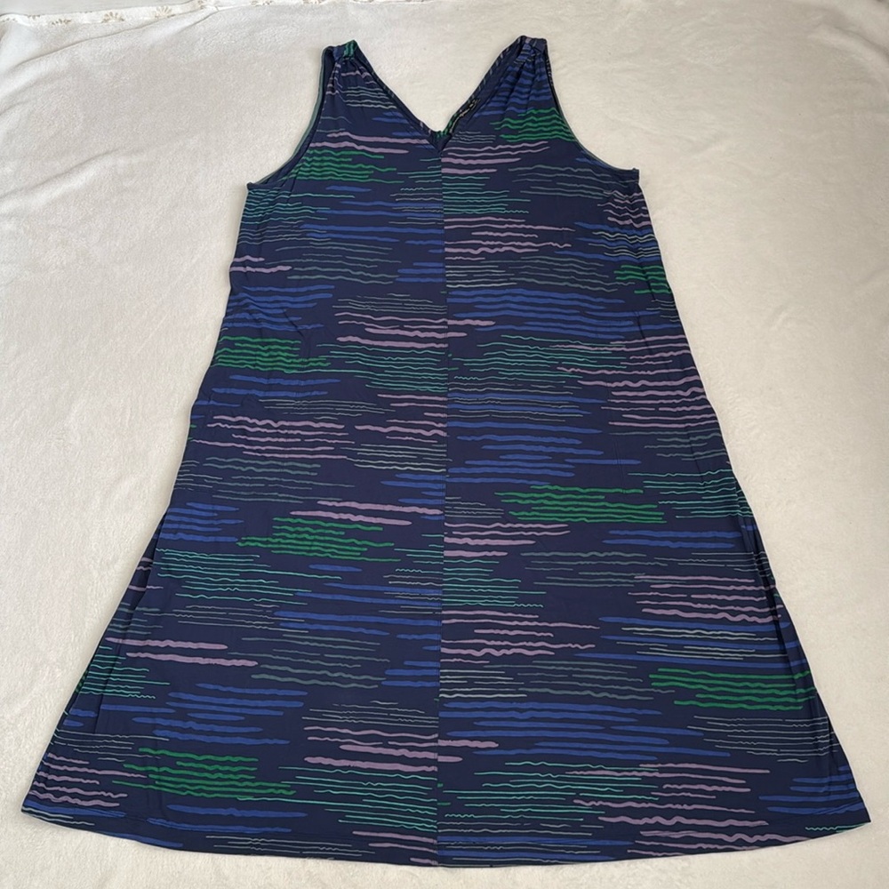 Gudrun Sjoden | Blue Wiggly Lines Abstract Organic Cotton Midi Dress Pockets XXL